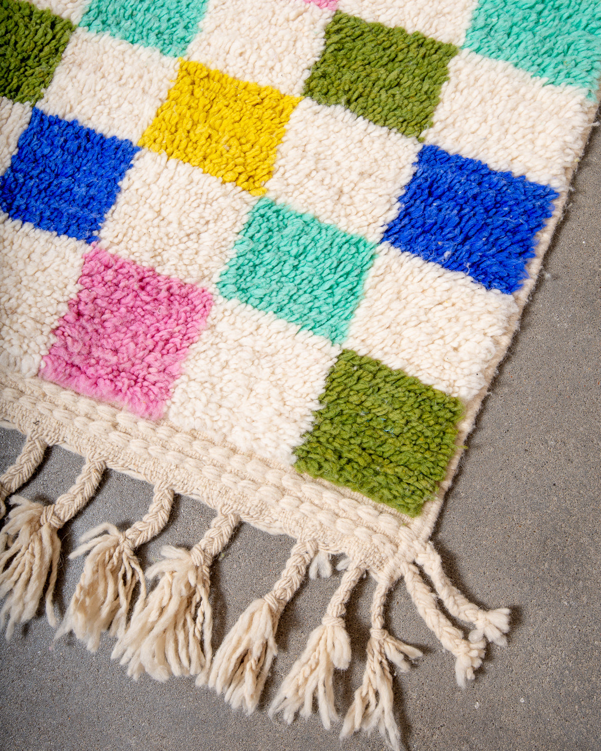 Modern, designer, handcrafted Berber rug from Morocco. Beniourain carpet with beautiful colours and patterns and fluffy wool texture.